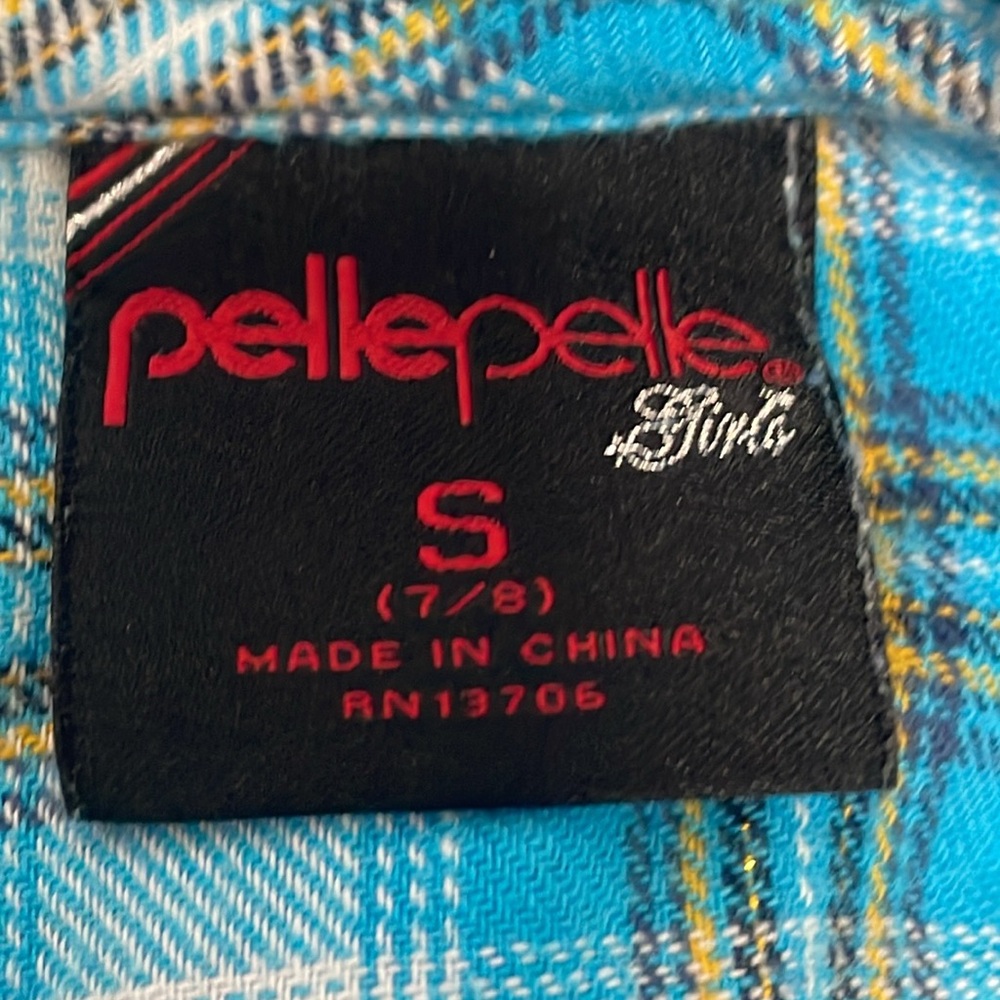 Pelle Pelle black jean skirt with blue & white flannel matching ruffled top sz 7 - Picture 13 of 13
